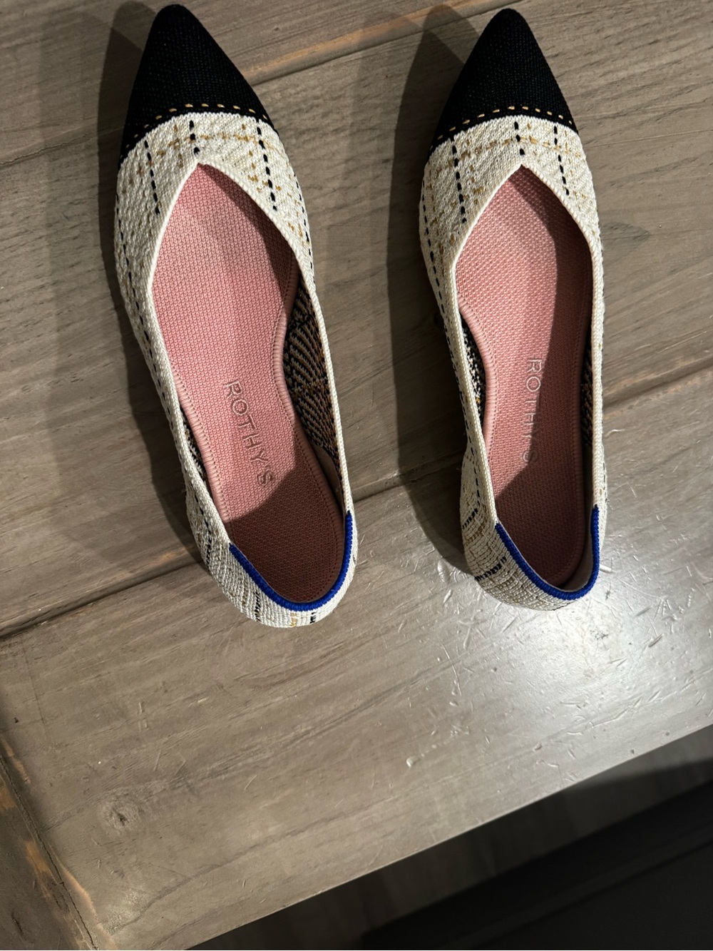 Rothy's Pointed Toe Ballet Flats in Black, Cream & Pink